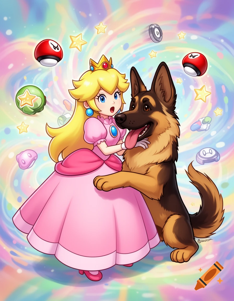 Princess Peach from Mario Kart hugs a panting German Shepherd amidst floating stars and game items in a vibrant cartoon style.