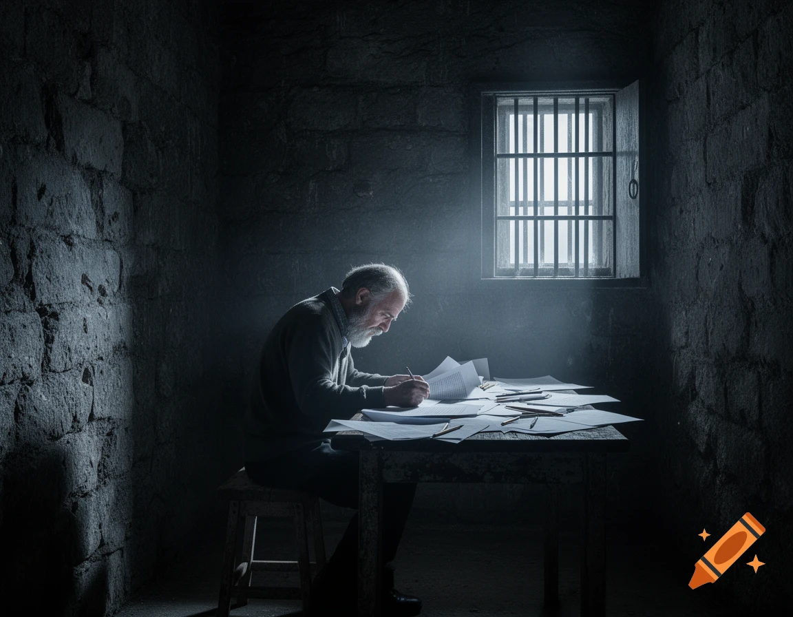 A bearded man writes at a wooden table in a dimly lit, stone prison cell with a barred window.