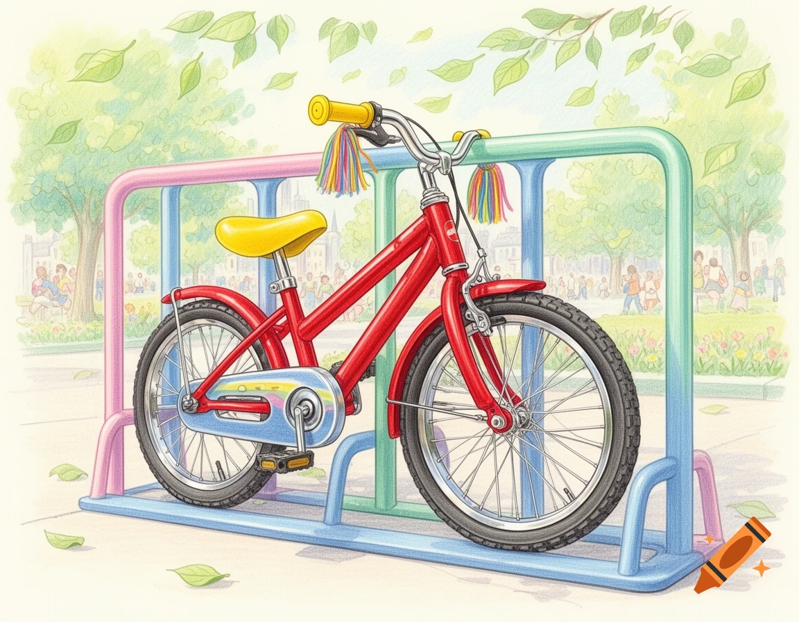 Hand-drawn illustration of a red child's bicycle with a yellow seat in a colorful bike rack in a park.