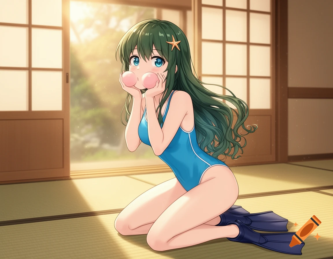 Anime woman in a blue swimsuit and flippers kneeling on a tatami floor, puffing her cheeks in a sunlit room.