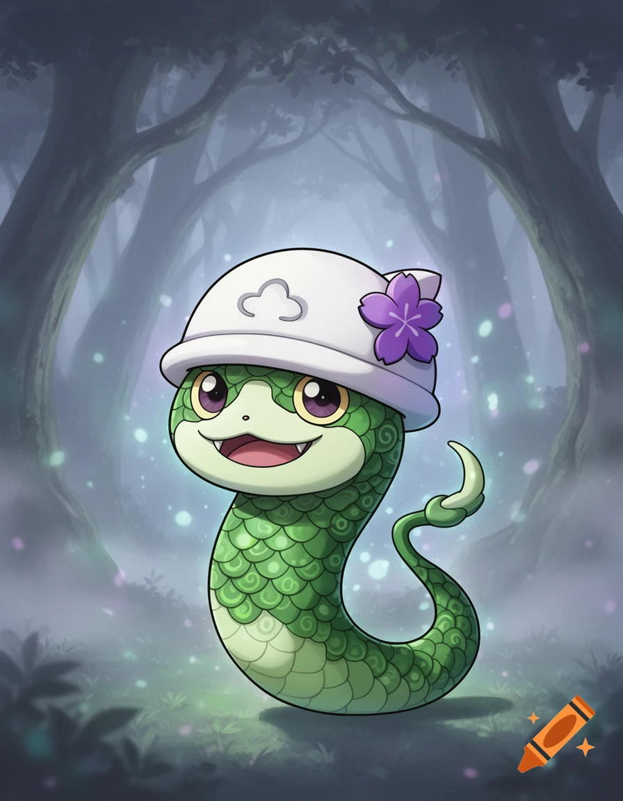 A cute green cartoon snake with scales, wearing a white hat with a purple flower and a cloud design, smiles in a misty forest.