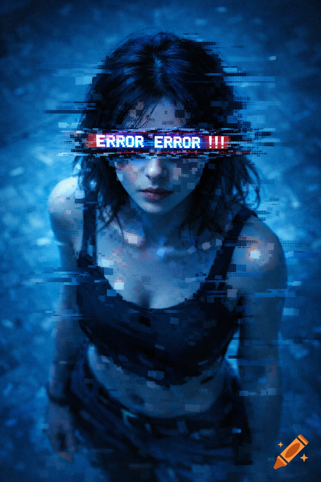 A young woman in a black tank top with her eyes covered by a red and blue digital error message, featuring a blue glitch art effect.