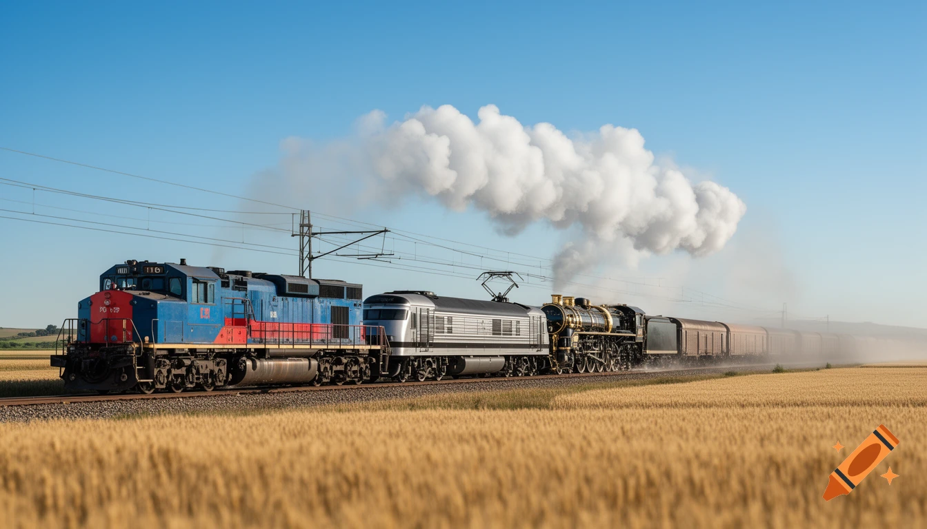 A long freight train with three engines (diesel, electric, and steam) travels through a golden wheat field under a clear blue sky, emitting a large plume of smoke.