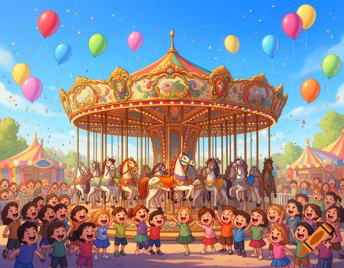 Vibrant cartoon illustration of happy children playing around a colorful carousel with balloons and confetti in a sunny park.