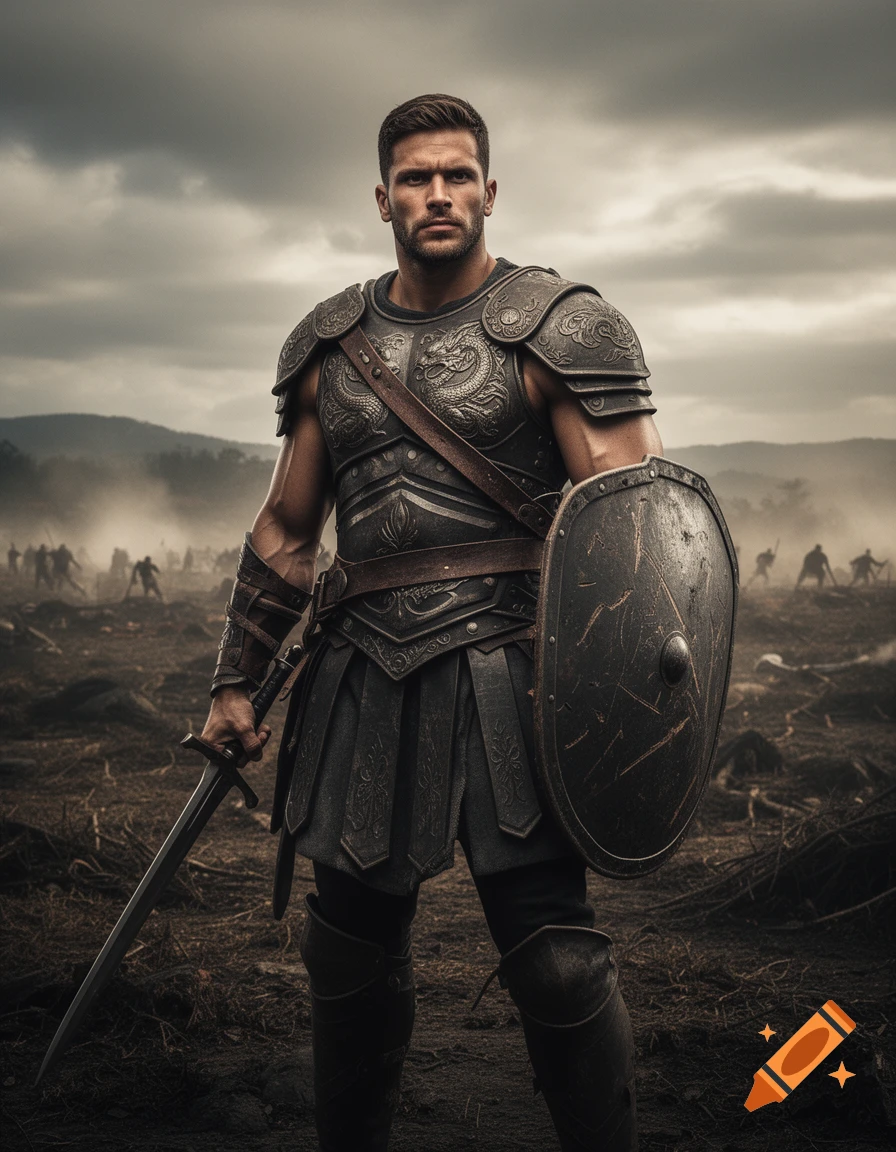 A male warrior in dark ornate armor with a sword and shield stands on a desolate battlefield under a cloudy sky.