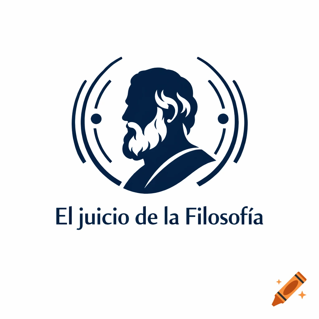 A minimalist dark blue logo featuring the silhouette of a bearded philosopher's head in profile, surrounded by abstract lines, with the text 'El juicio de la Filosofía' below.