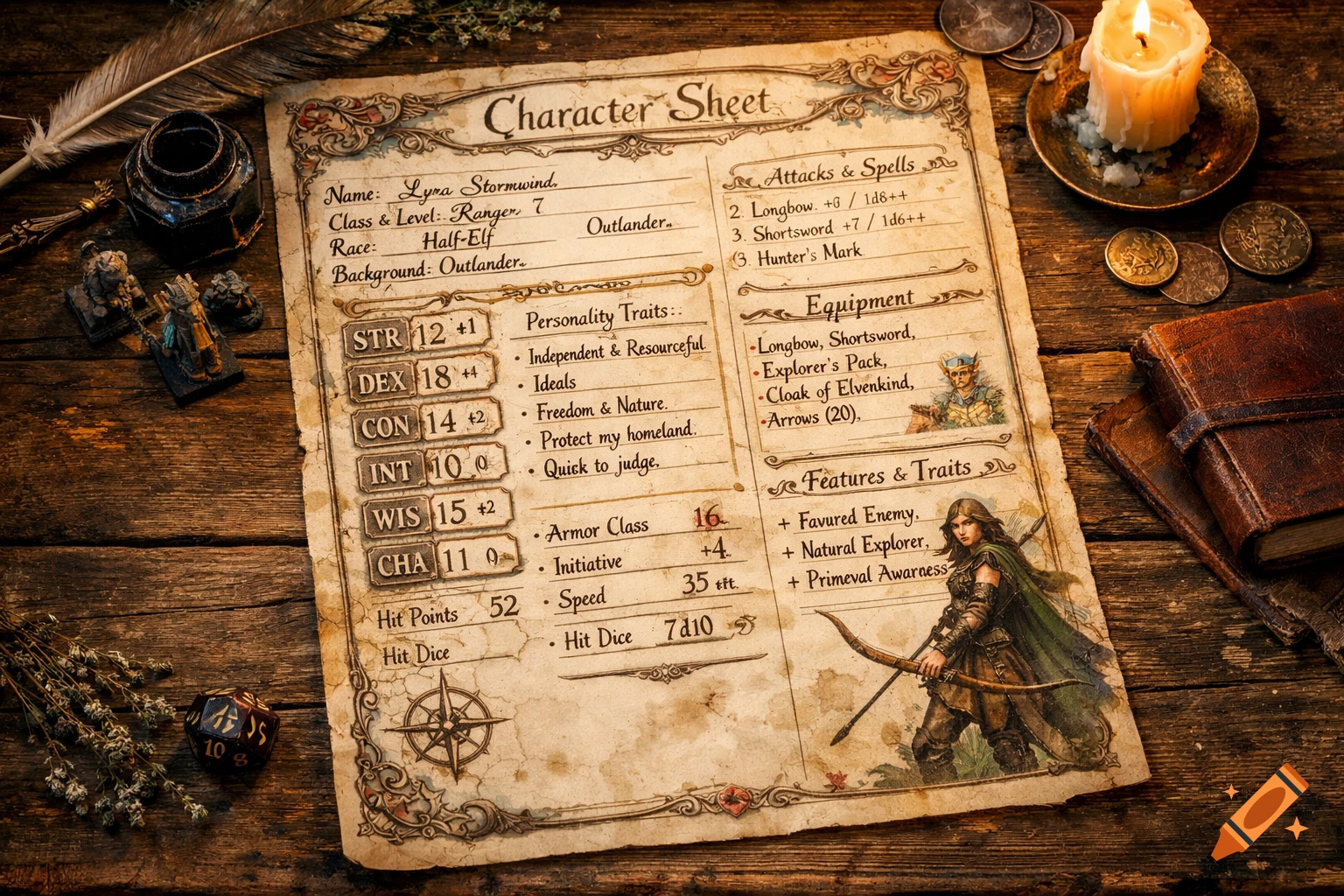 A detailed Dungeons & Dragons character sheet for 'Lyra Stormwind' on a wooden table, surrounded by fantasy props like an inkwell, quill, miniatures, dice, coins, a lit candle, and leather-bound books.