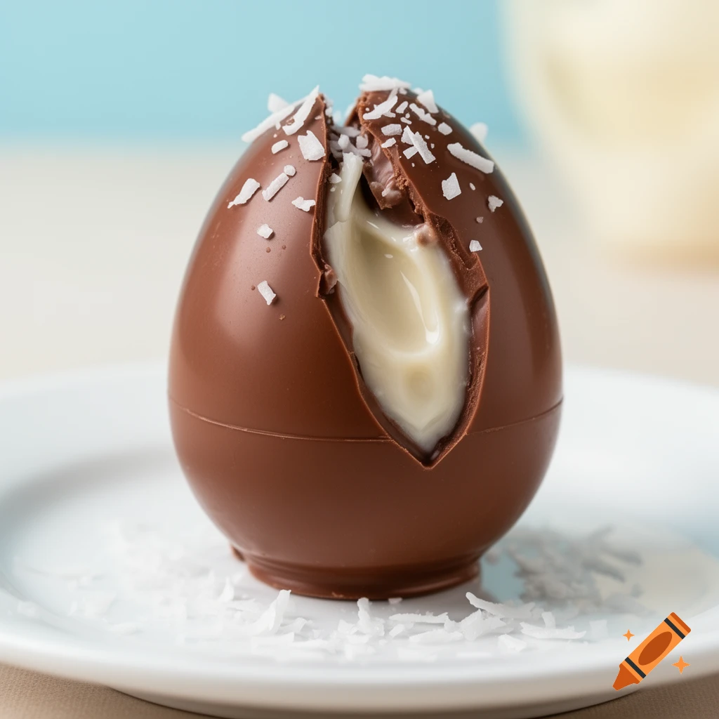 A close-up of a cracked milk chocolate egg filled with white cream, topped with shredded coconut, on a white plate.