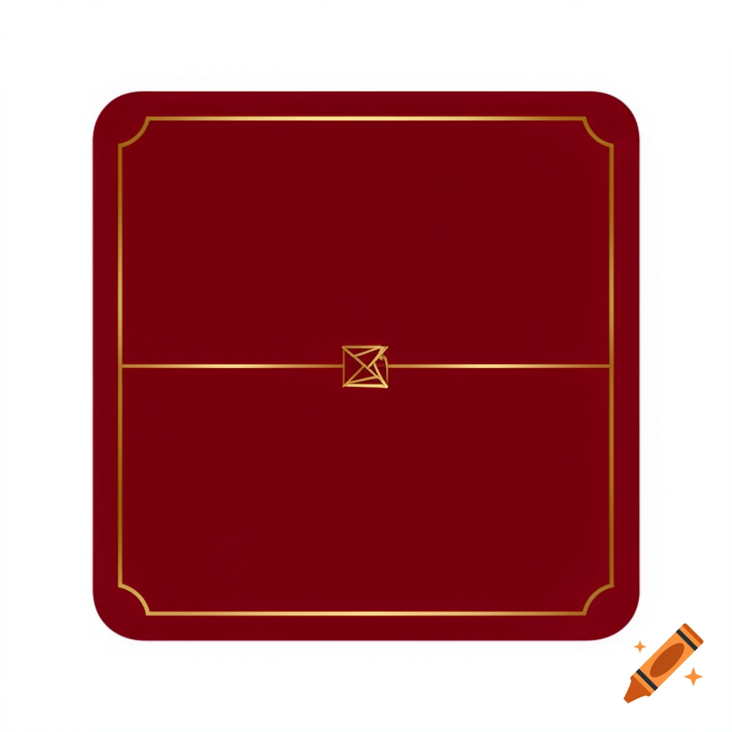 A deep red square with rounded corners, framed by a gold line border, featuring a horizontal gold line through the center and a geometric gold symbol in the middle.