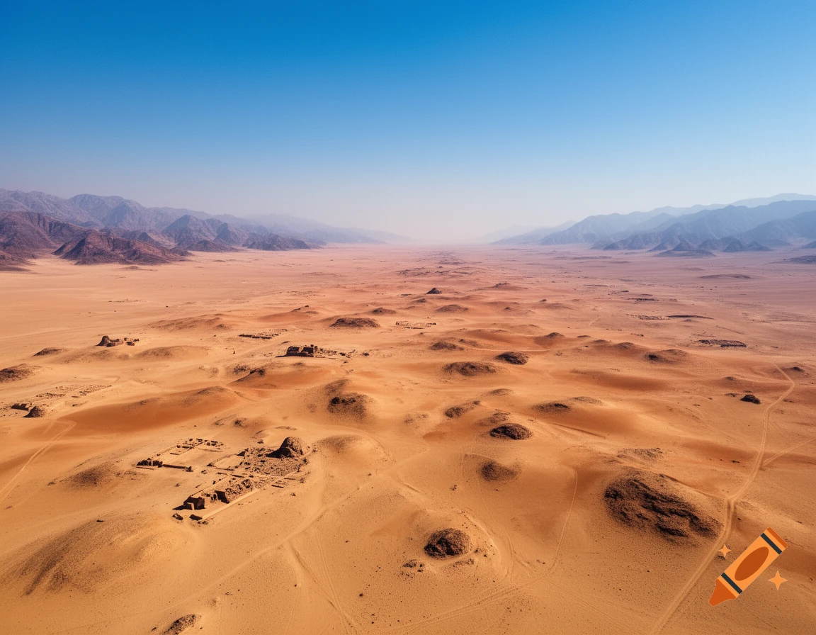 Aerial view of a vast, sandy desert landscape with scattered ancient ruins and hills under a clear blue sky.