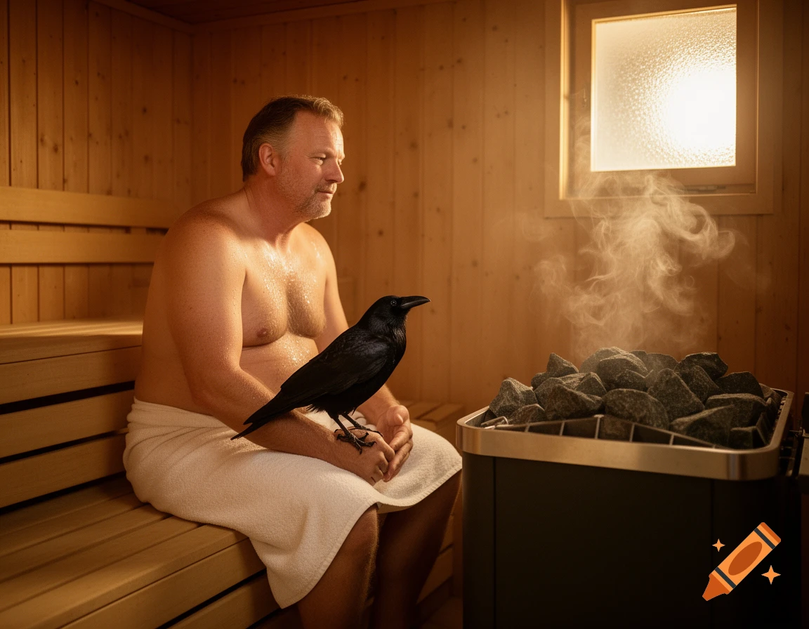 A man sits on a wooden bench in a sauna, a black raven perched on his lap, with steam rising from a heater.