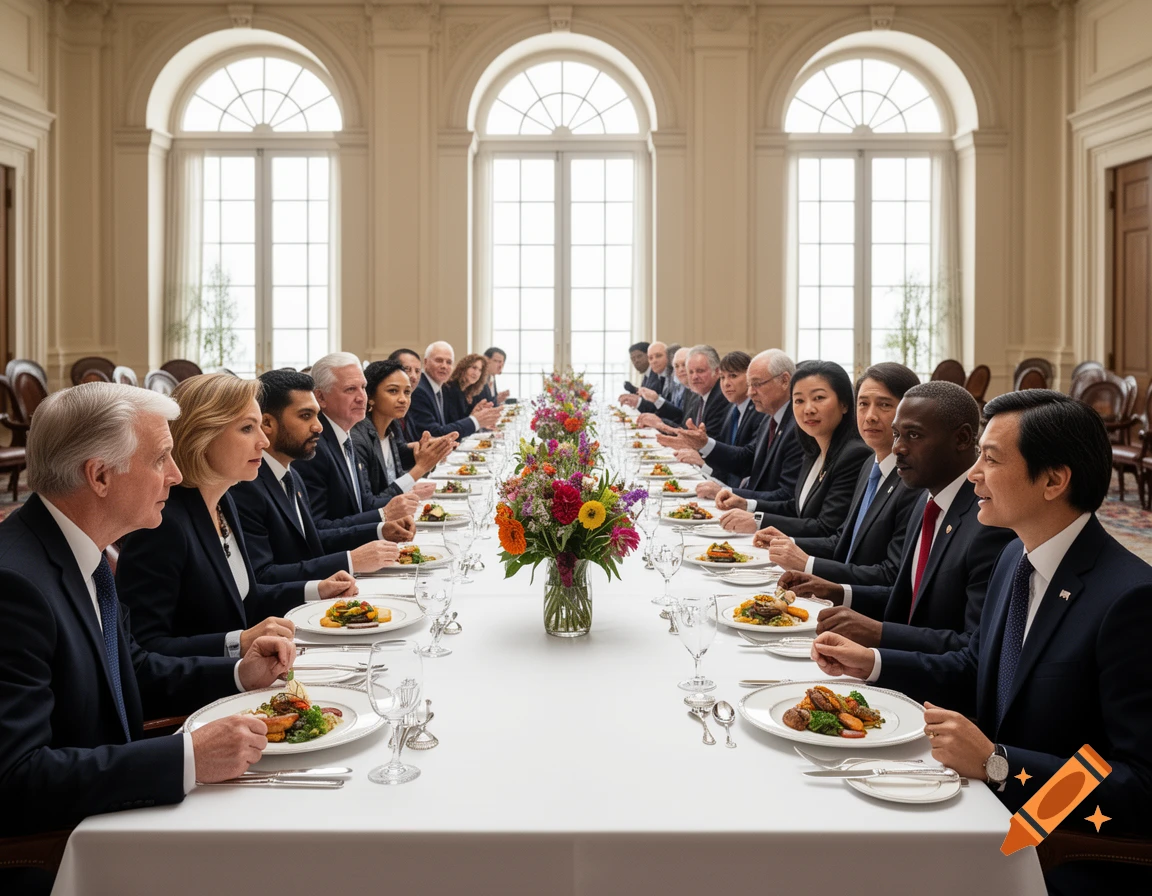 Diverse group of people in suits seated at a long table during a formal luncheon in a grand room with arched windows.
