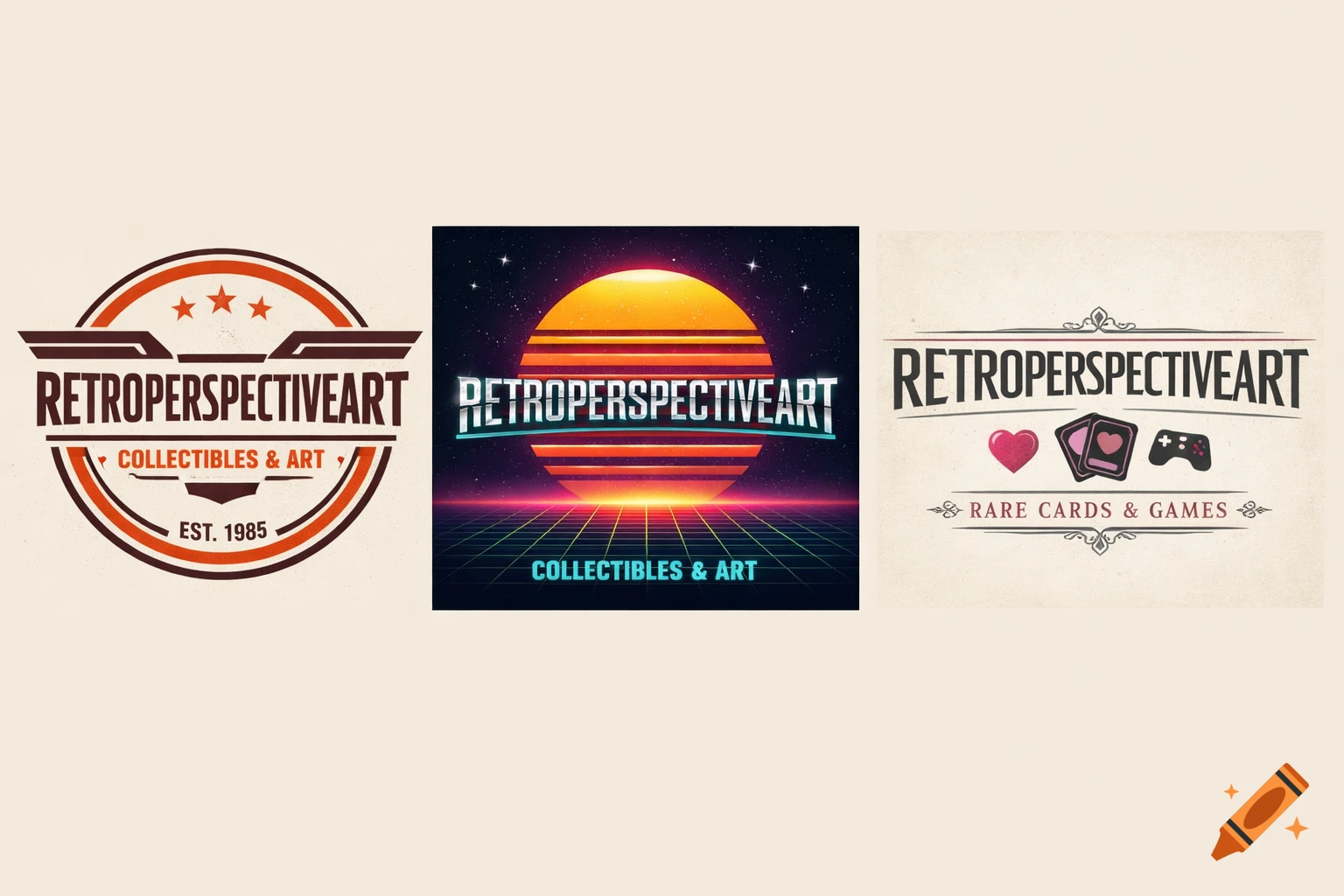Three distinct retro-style logos for 'Retroperspectiveart', featuring a vintage badge, a neon 80s grid design, and an elegant collector's emblem with gaming icons.