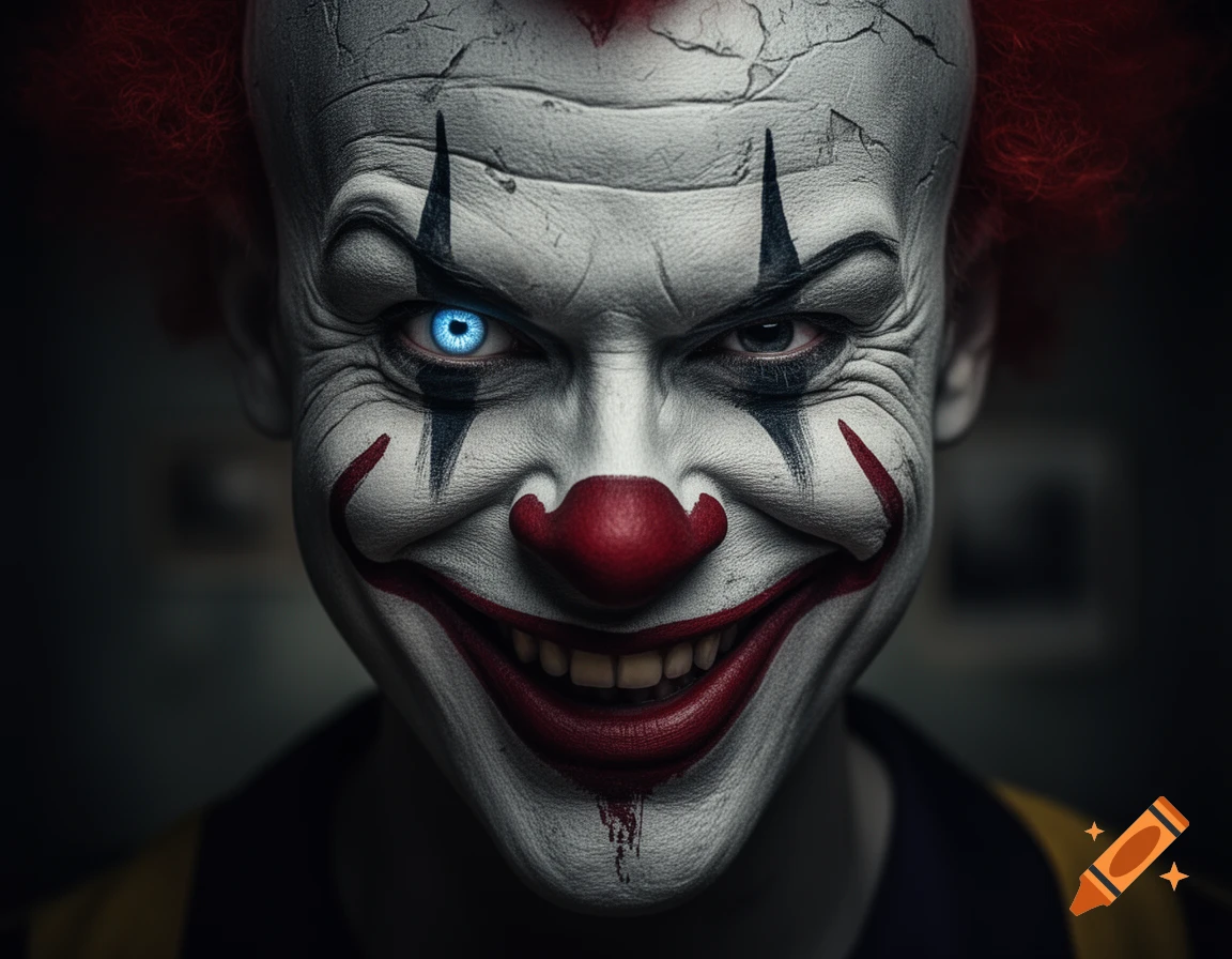 Close-up photorealistic portrait of a creepy clown with white makeup, red hair, and one glowing blue eye, grinning unsettlingly.