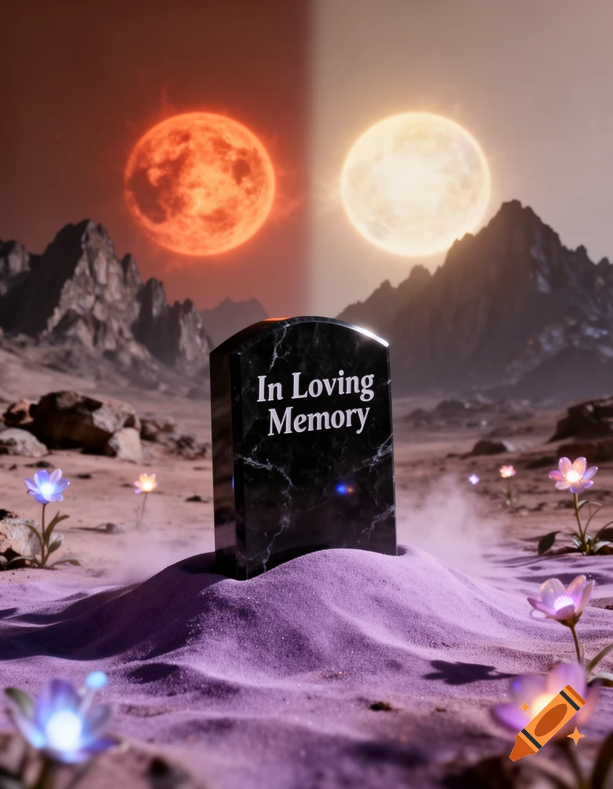 A black tombstone reads 'In Loving Memory' in a purple-sanded alien landscape with glowing flowers and two moons, one red and one white.