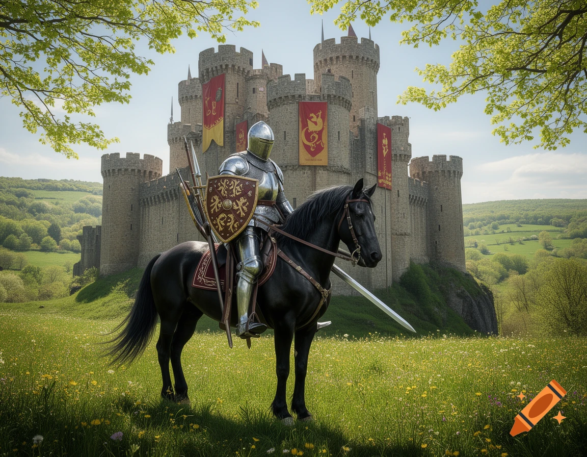 A knight in shining armor on a black horse stands in a spring field ...