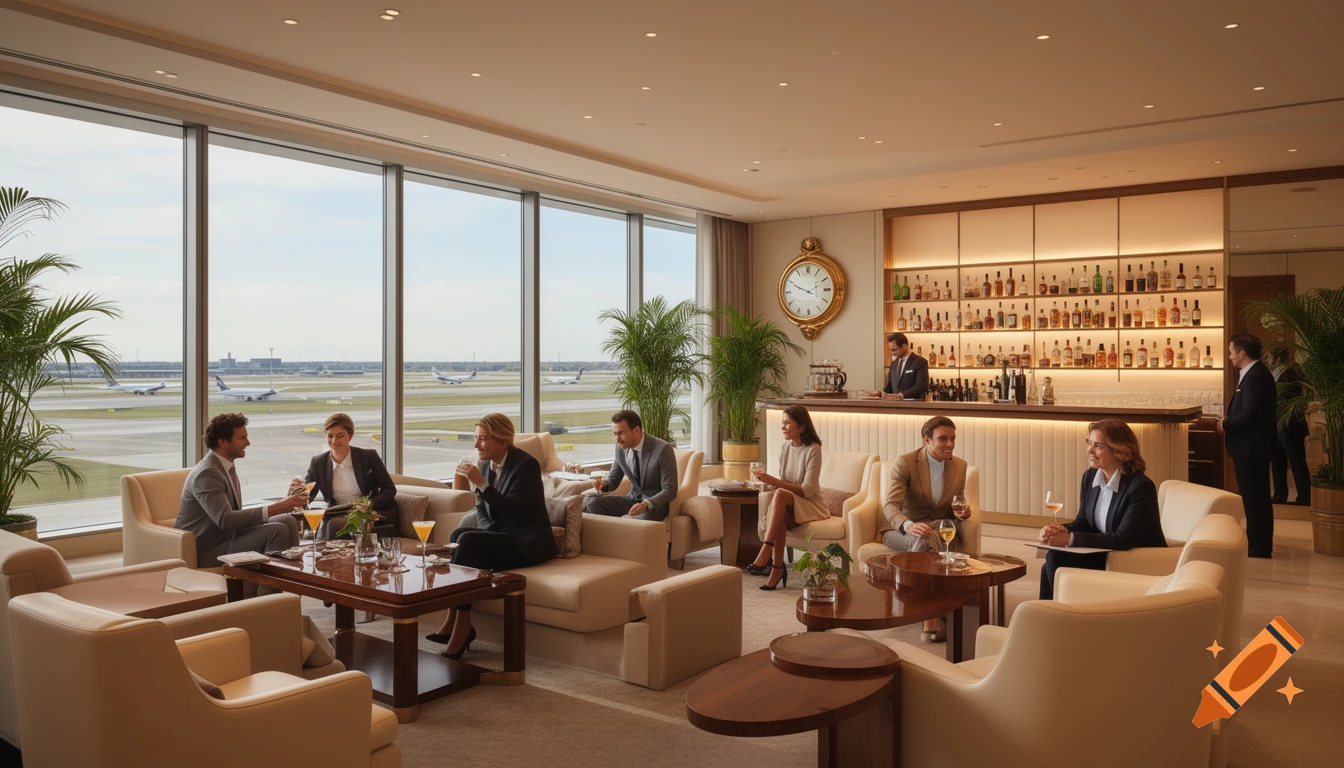 People relax in a luxurious airport lounge with large windows overlooking planes on a runway, a bar, and elegant seating.