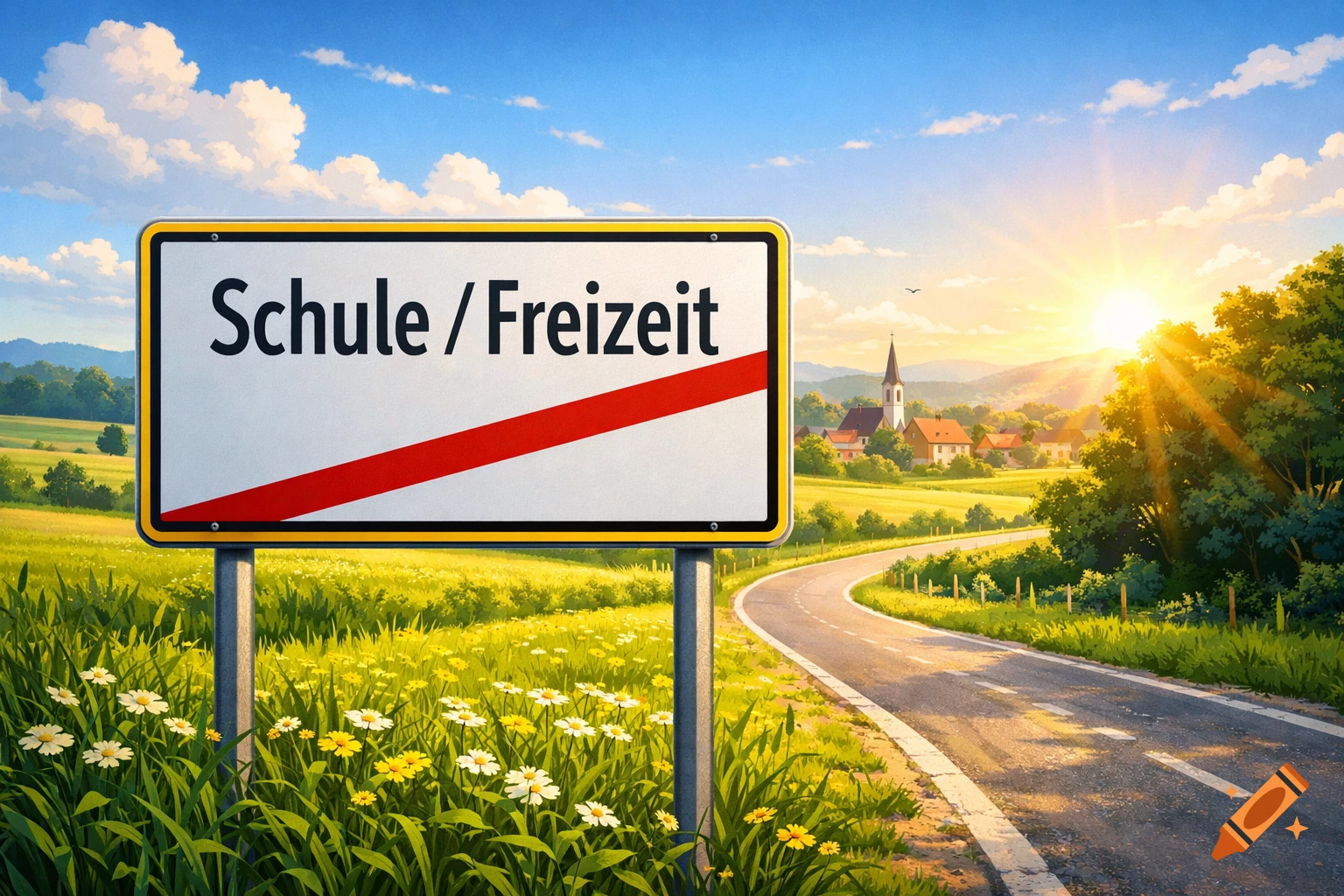 An illustrative image of a road sign reading 'Schule / Freizeit' on a winding country road at sunrise with a village in the distance.