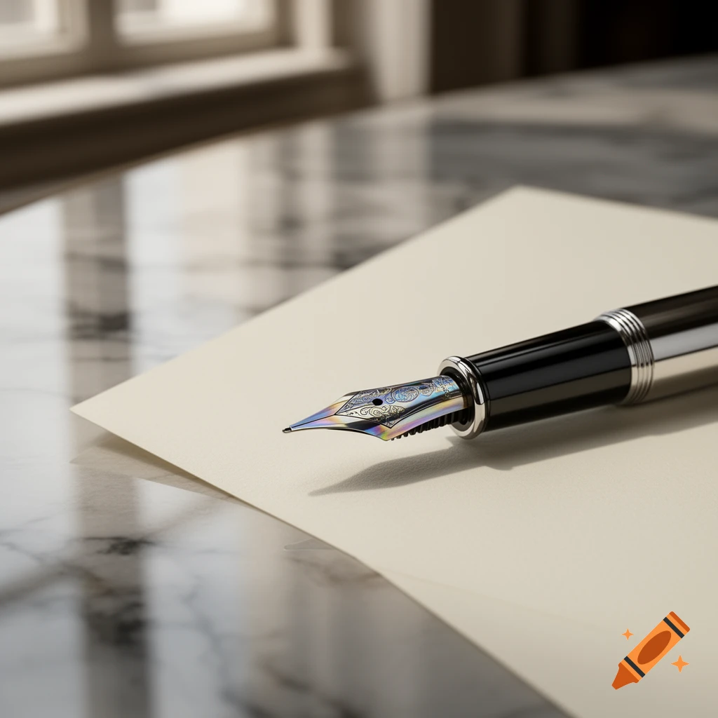 Close-up photorealistic image of a black and silver fountain pen with a colorful nib lying on a blank piece of paper on a marble table.