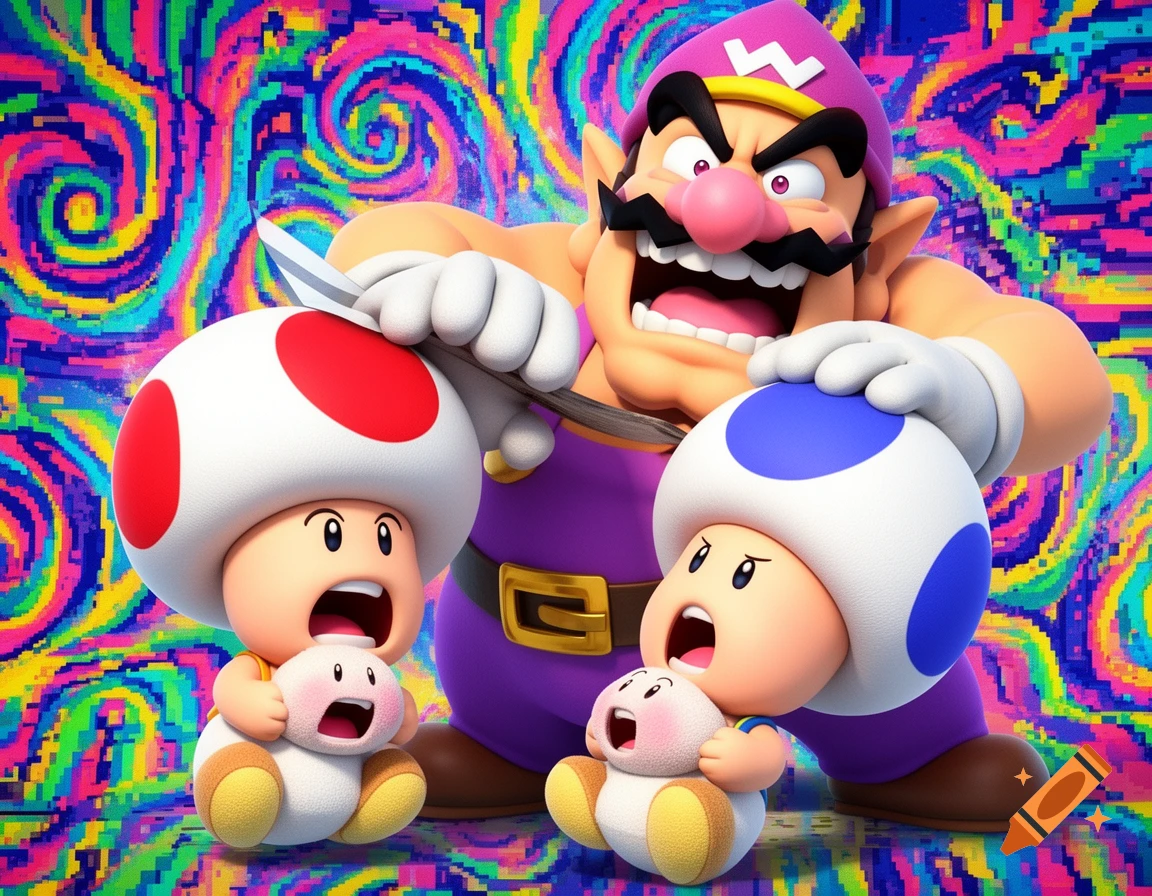 Wario, holding a knife, aggressively grabs two screaming Toads holding smaller plushies, set against a vibrant, swirling background in a 3D cartoon style.