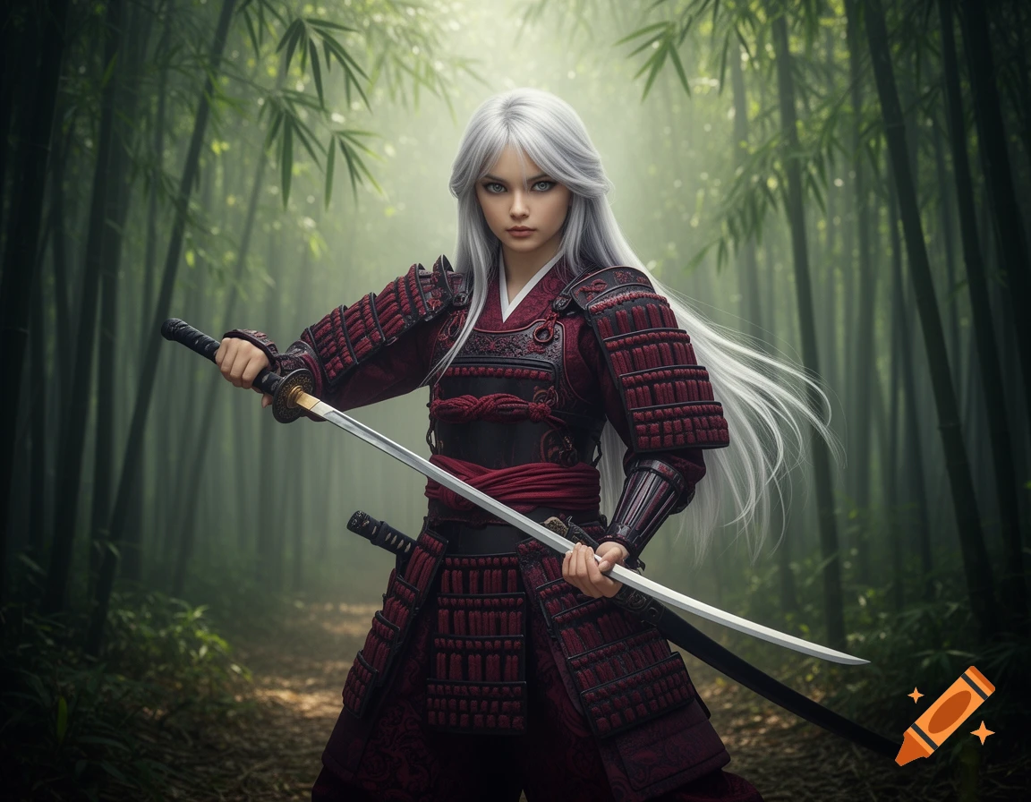 A samurai girl with long platinum hair and grey eyes stands ready with a katana in a misty bamboo forest.