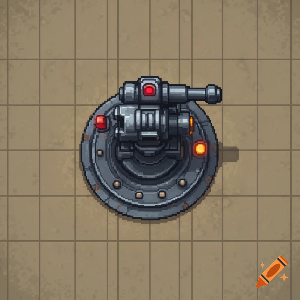 A top-down view of a pixel art turret with a cannon, red lights, and orange lights, set on a beige tiled floor.