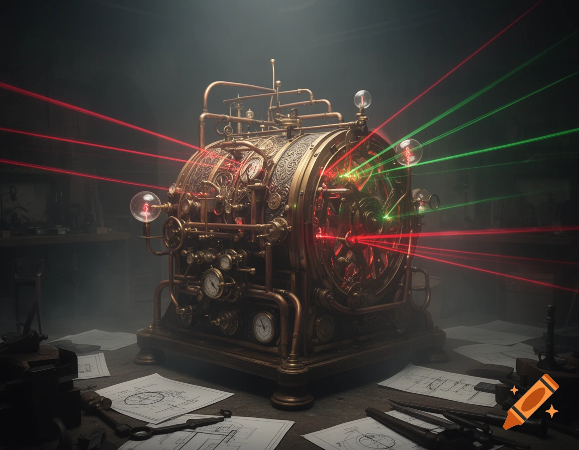 A detailed steampunk-style time machine with glowing red and green lasers, pipes, gears, and gauges, on a desk with blueprints.