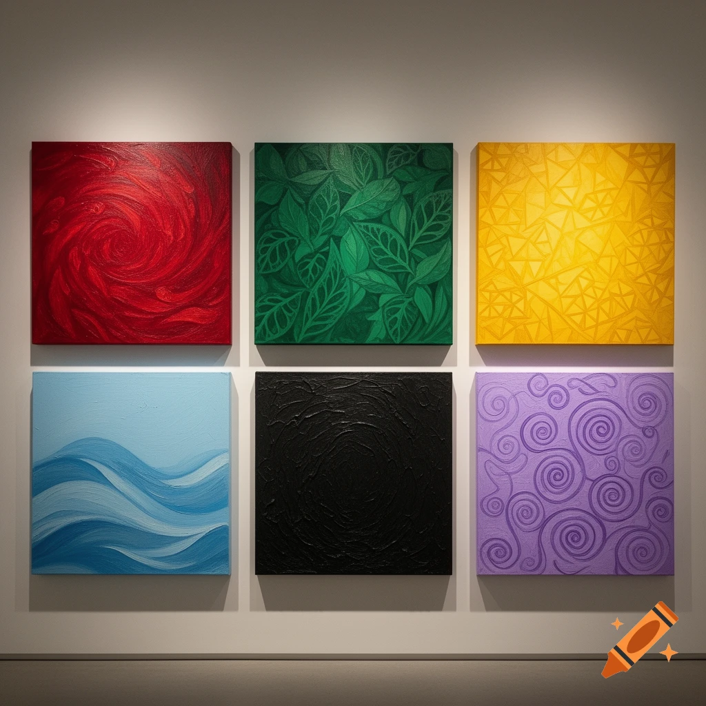 Six square abstract paintings in red, green, yellow, light blue, black, and purple hang on a white wall.