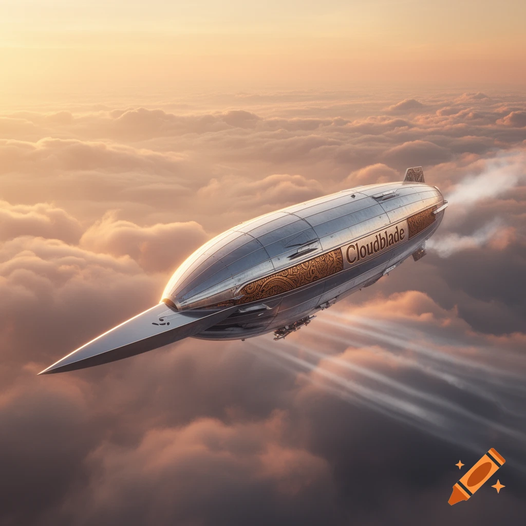 A sleek, futuristic silver airship with 'Cloudblade' written on its side soars through a sky filled with golden-lit clouds.