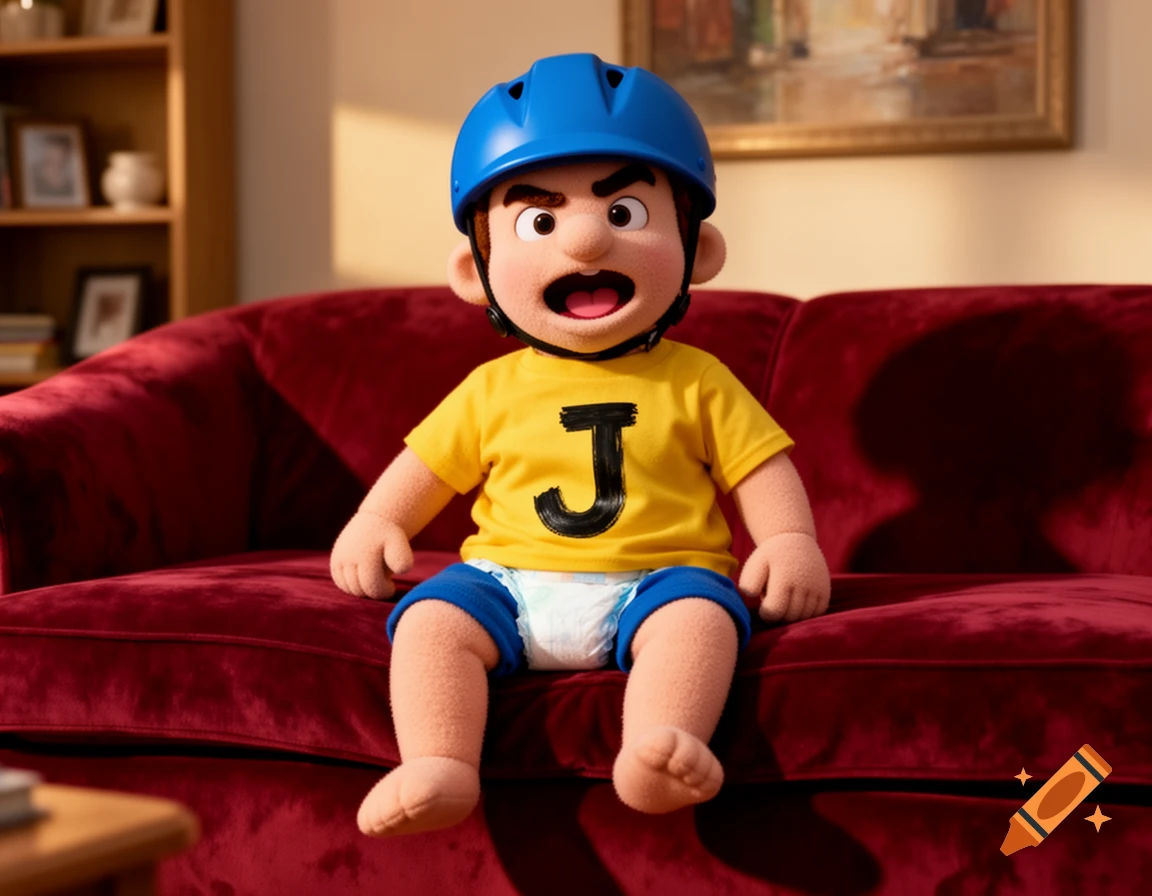 A puppet character resembling Jeffy, wearing a blue helmet, yellow 'J' t-shirt, blue shorts, and a diaper, sits on a red couch, looking angry with an open mouth.