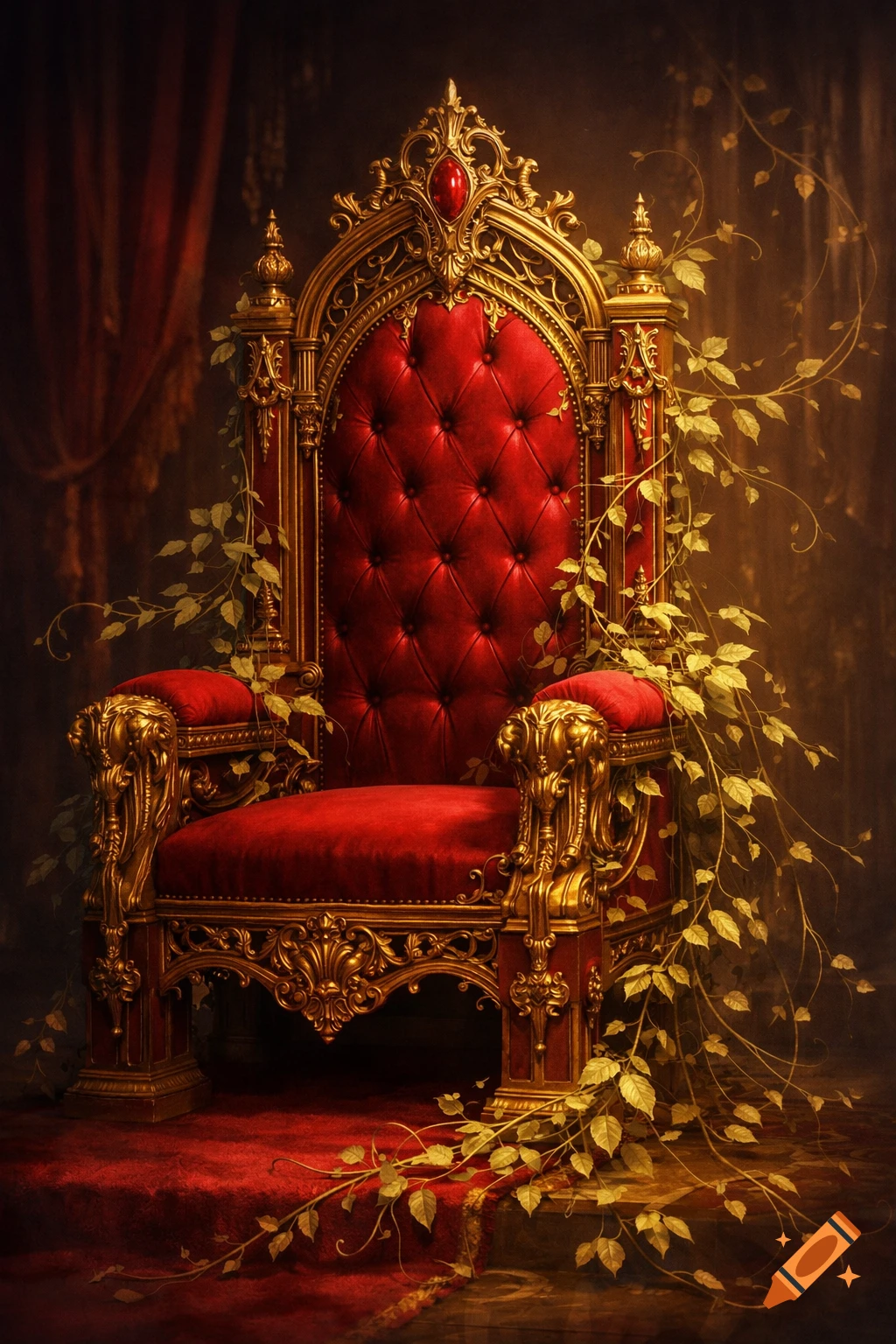 A majestic, ornate red velvet and gold throne, with green and gold vines intricately wrapped around its frame, on a red carpet.