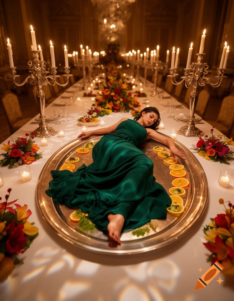 Woman in a flowing green dress lies on a silver platter surrounded by orange slices on a candlelit banquet table.