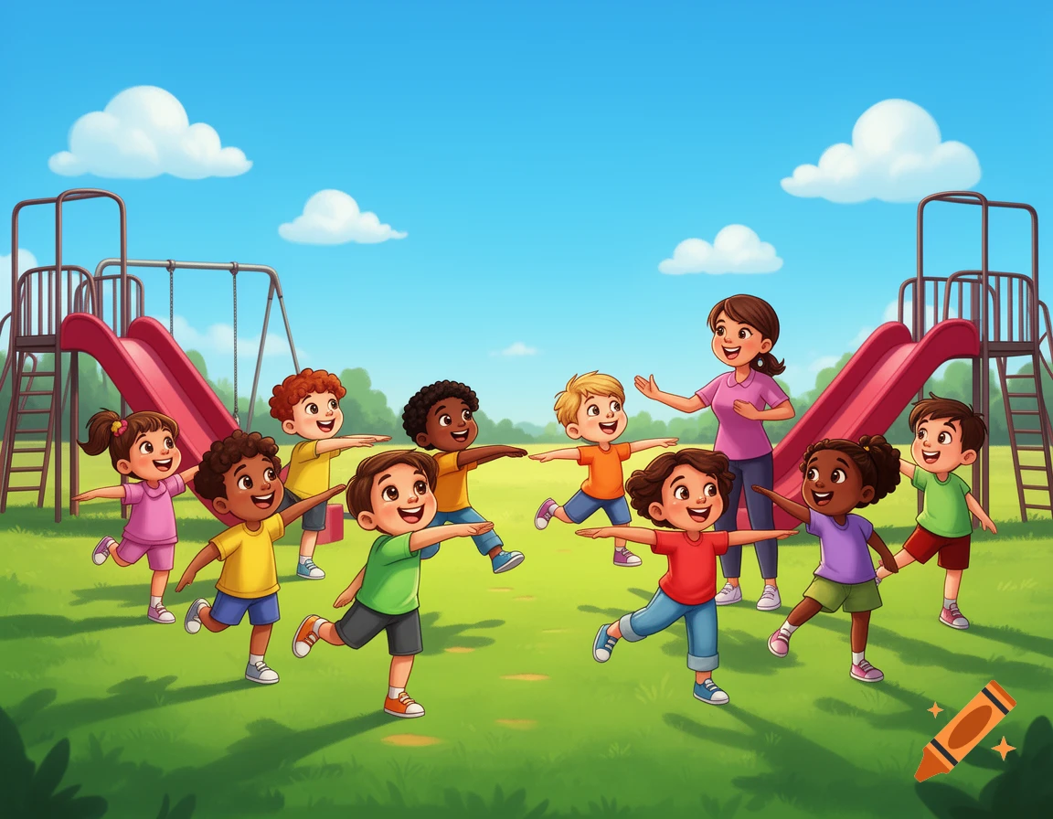 Diverse children and a teacher happily do morning exercises on a sunny playground in a bright cartoon style.