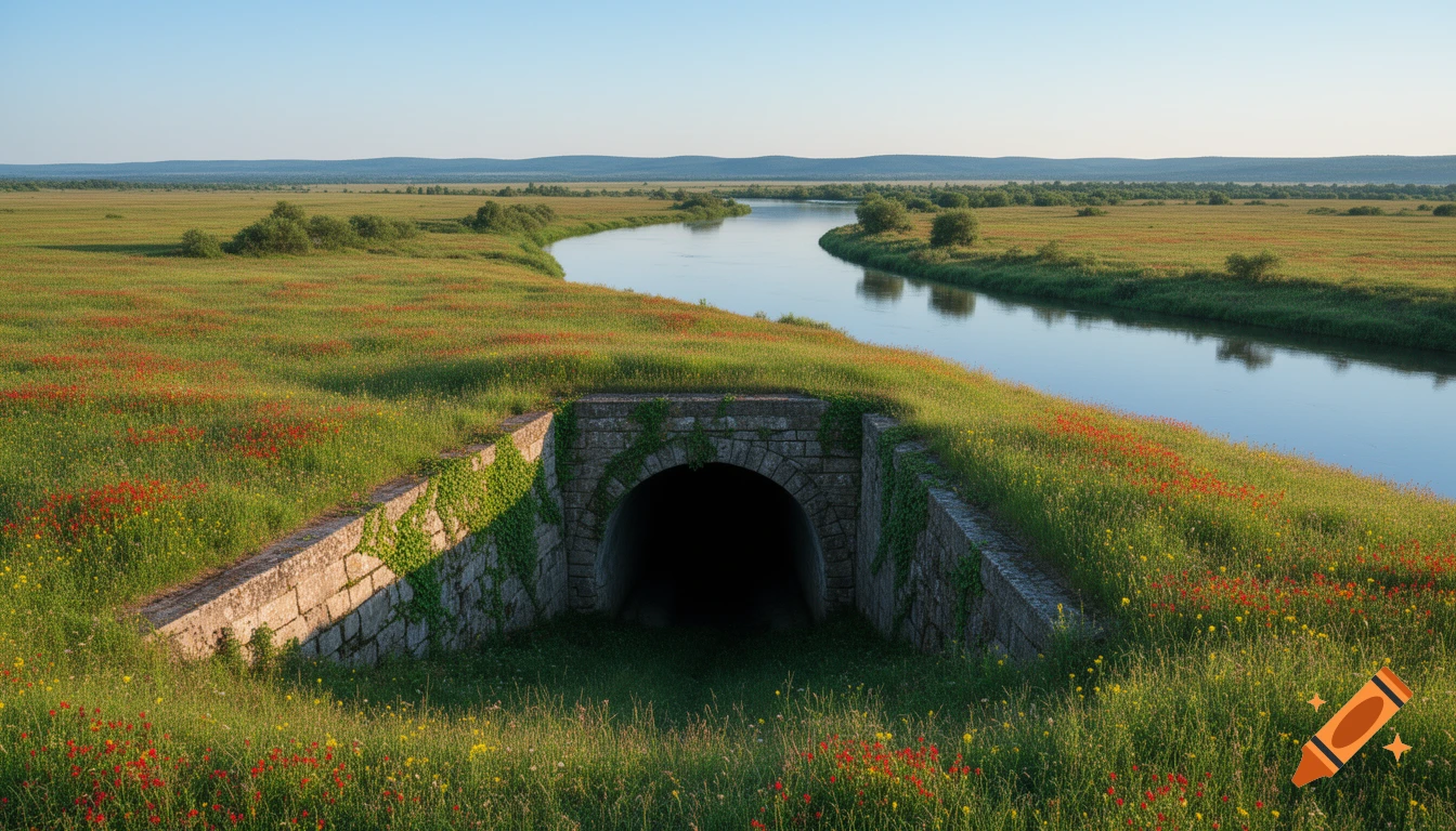 A wide river flows through a vast green grassland dotted with red and yellow wildflowers, with a stone tunnel entrance in the grassy bank.