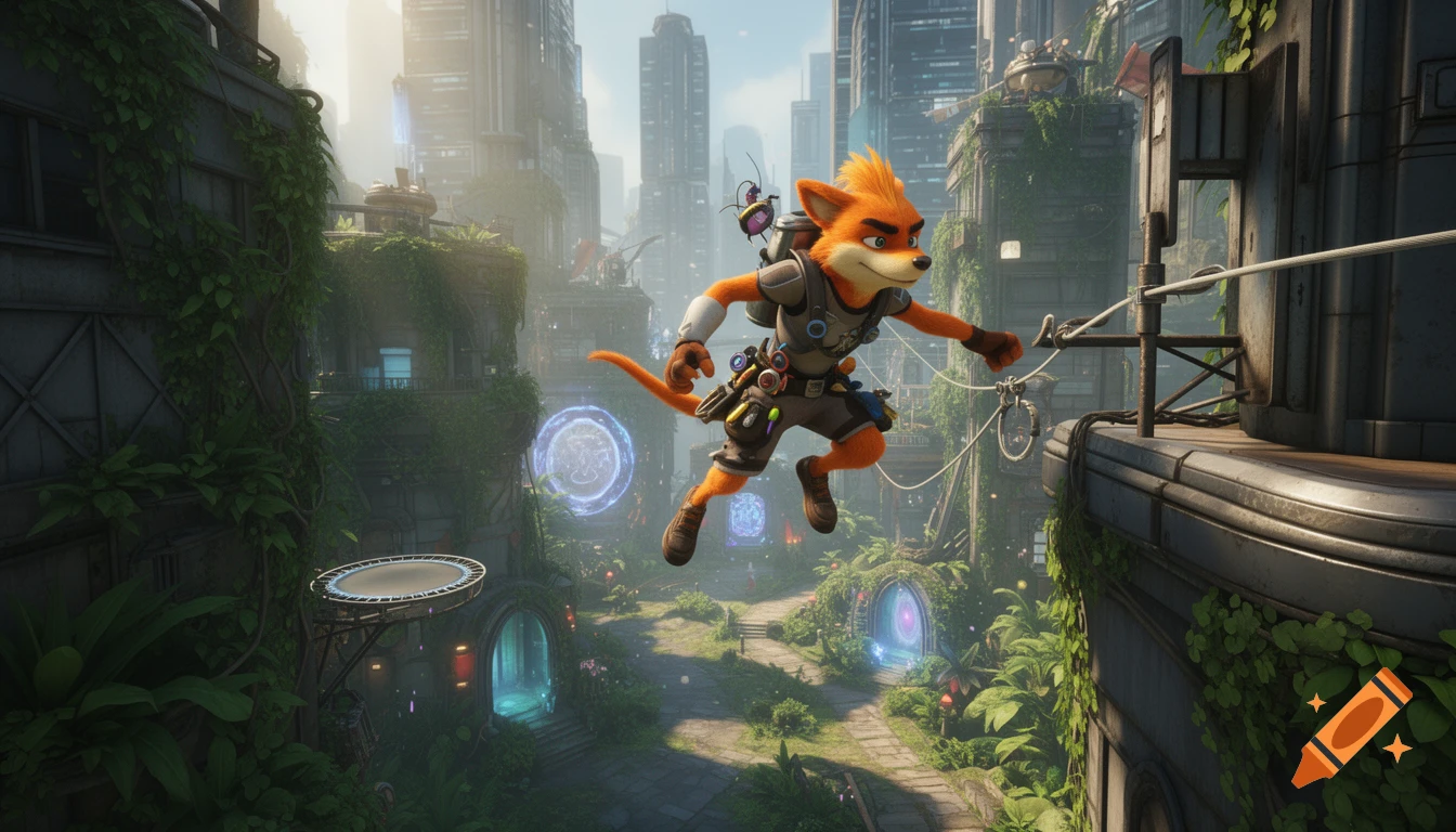 An orange anthropomorphic fox-like character, Daxter, leaps across platforms in an overgrown futuristic city with glowing portals, 3D rendered.