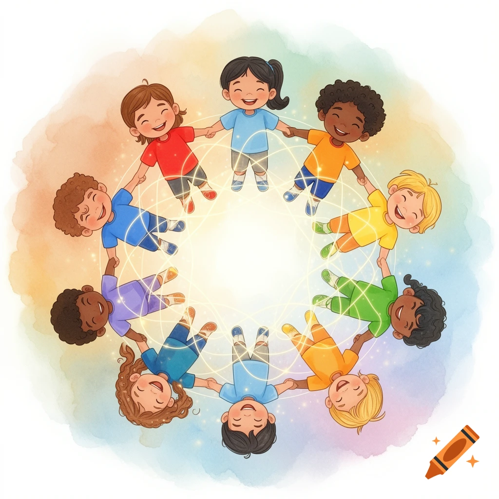 A diverse group of cheerful children holding hands in a circle, connected by glowing lines, against a soft watercolor background.