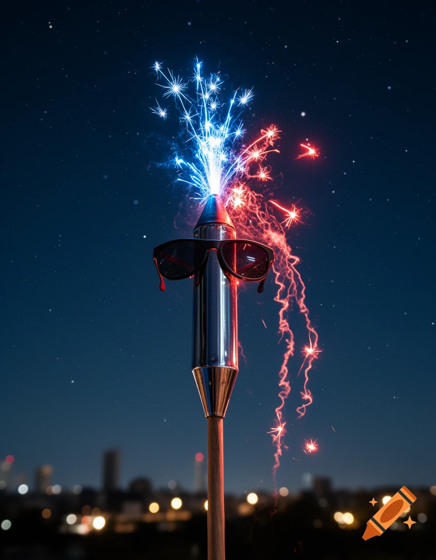 A photorealistic firework rocket with sunglasses bursts with blue and red sparks against a dark night sky with blurred city lights.