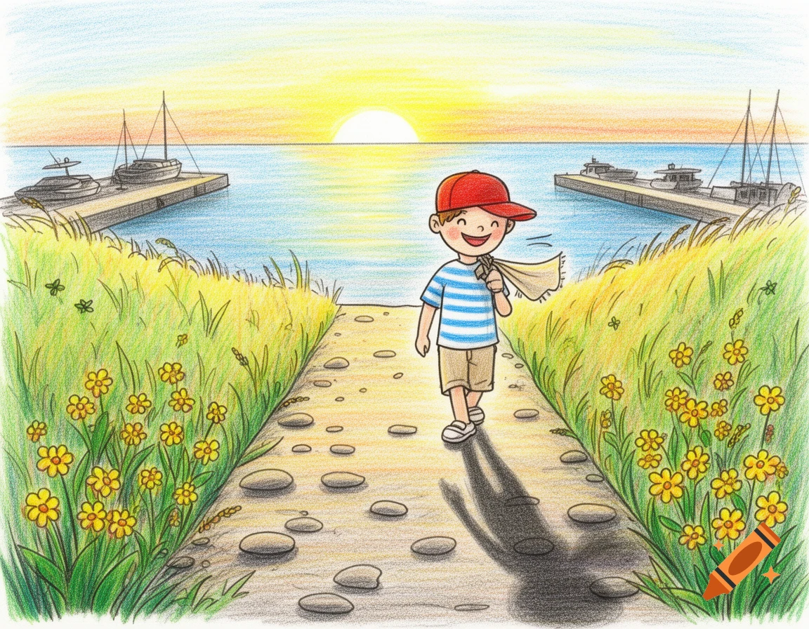 Colored pencil drawing of a smiling boy in a red cap walking a stony path through grassy fields with yellow flowers towards a harbor at sunset.