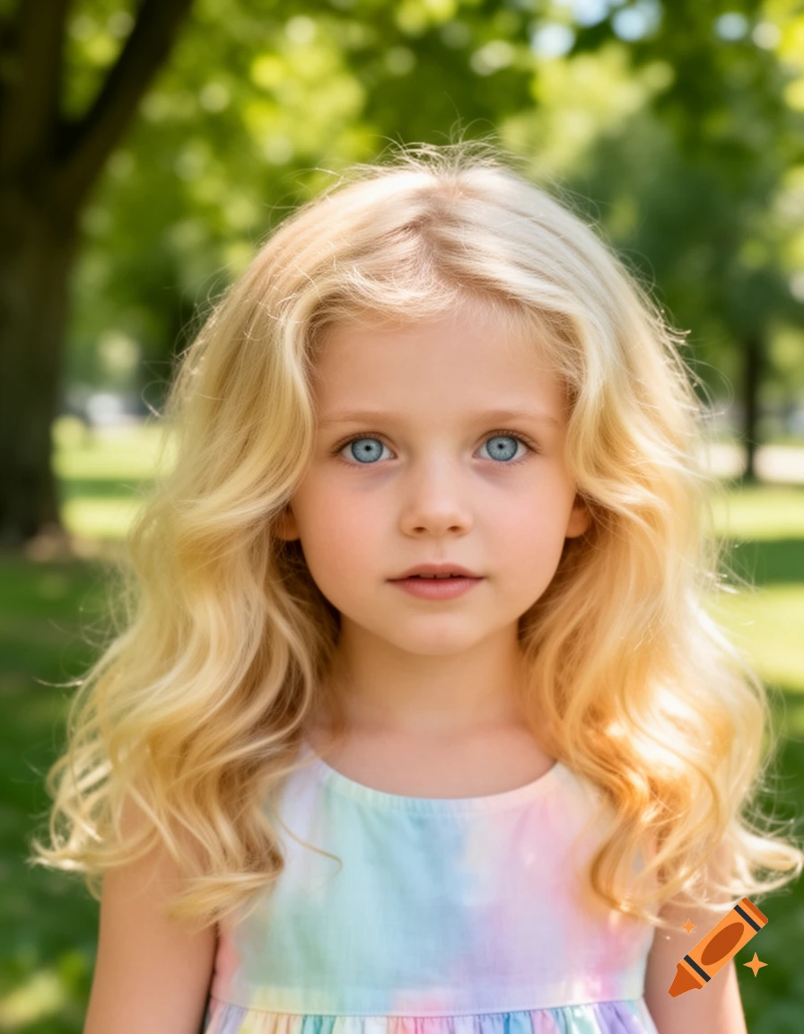 Photorealistic portrait of a young blonde girl with blue eyes in a pastel dress, standing outdoors.