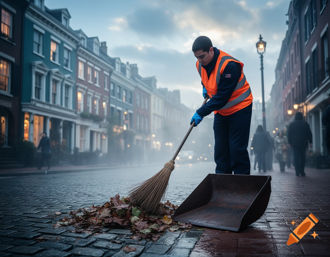 A street sweeper in a bright orange vest and blue gloves sweeps a pile of autumn leaves into a rusty dustpan on a wet cobblestone street, with rows of colorful townhouses under a cloudy sky.
