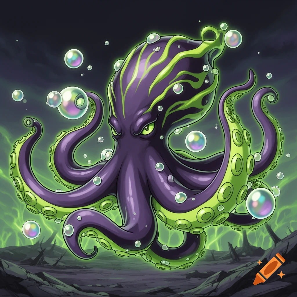 A stylized dark purple and neon green octopus-like creature, resembling a Poison-type Pokémon, with glowing patterns and bubbles, against a dark, contaminated background with green energy.