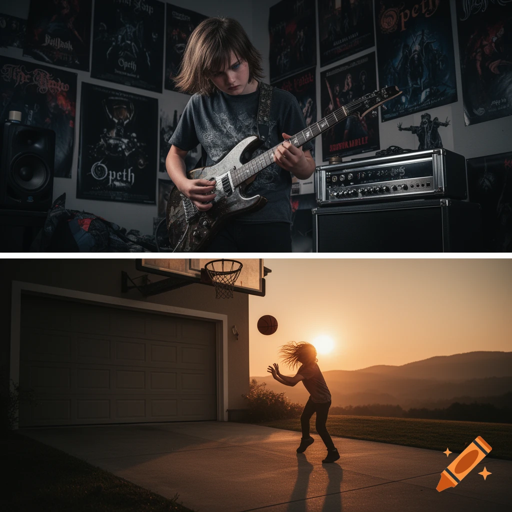 A split image: a young person playing electric guitar in a room with band posters, and another person playing basketball at sunset.