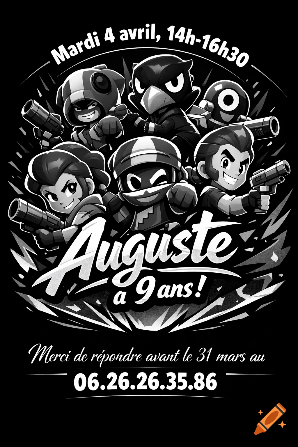 A black and white Brawl Stars themed birthday invitation featuring multiple characters and event details for Auguste's 9th birthday.