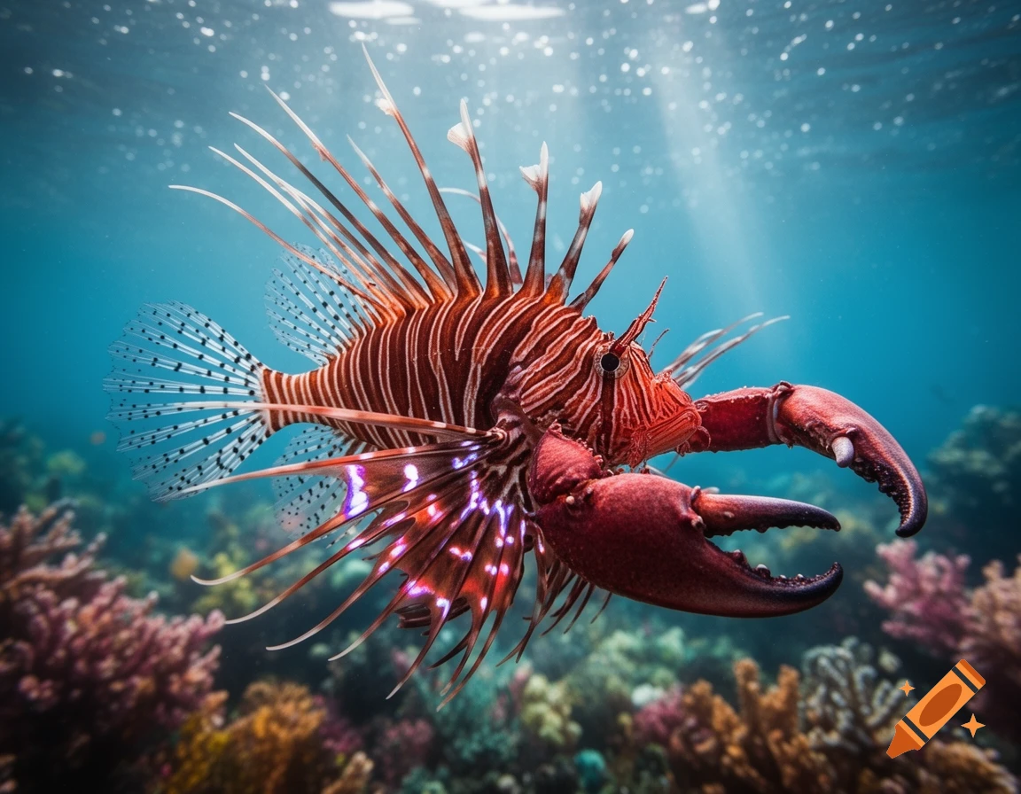 A red lionfish hybrid with brown stripes and large red crab claws swims over a vibrant coral reef, with sun rays piercing the blue water above.