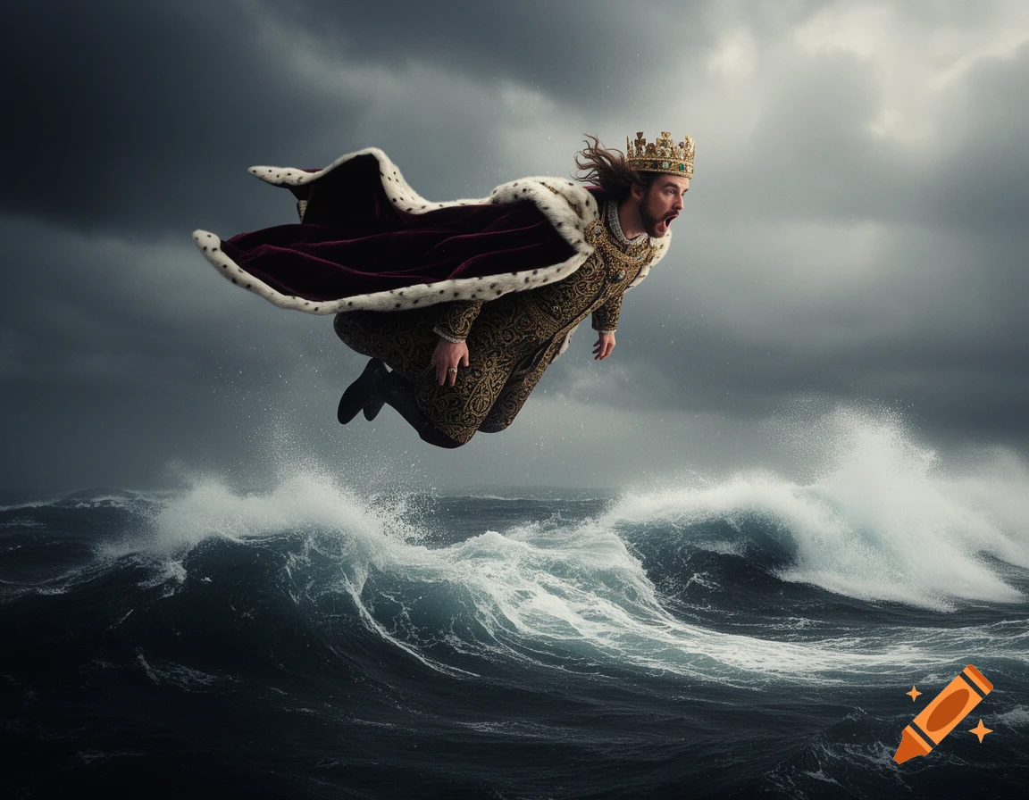 A king in a gold crown and elaborate robes with a fur-trimmed cape dramatically falls into a tumultuous, stormy sea under a dark, cloudy sky.