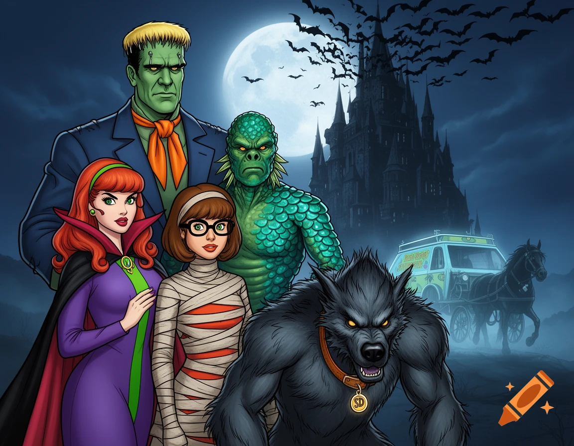 Cartoonish Scooby-Doo gang reimagined as classic monsters: Frankenstein, Dracula, Mummy, Creature from the Black Lagoon, and Wolfman, in a spooky castle setting with a hearse.
