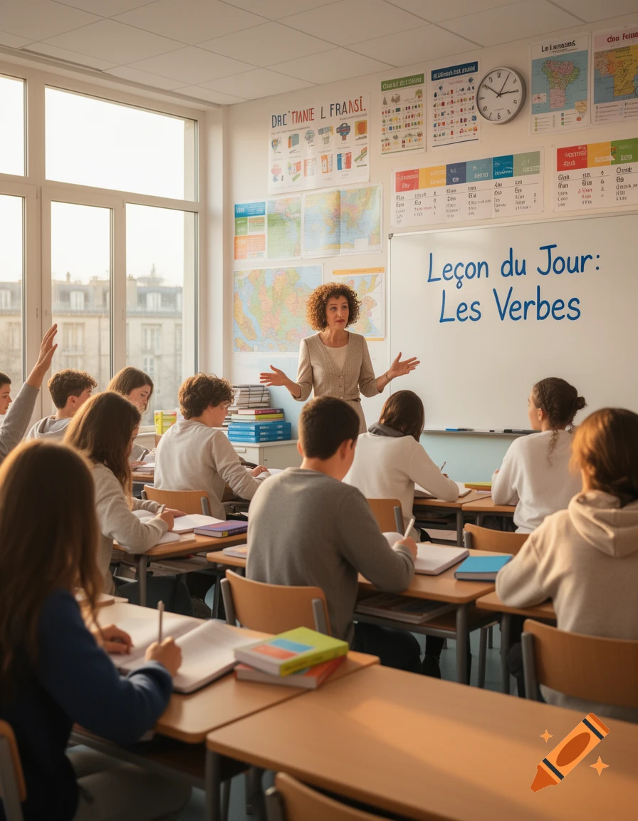 A photorealistic image of a teacher standing in front of students in a bright classroom, with 'Leçon du Jour: Les Verbes' written on a whiteboard.