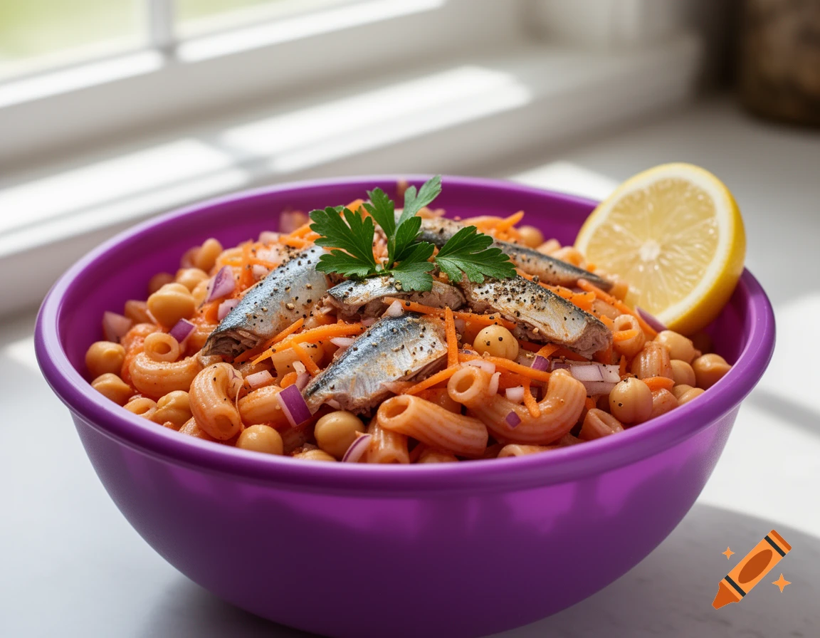 A realistic homemade pasta sardine salad in a purple bowl, garnished with parsley and a lemon wedge.