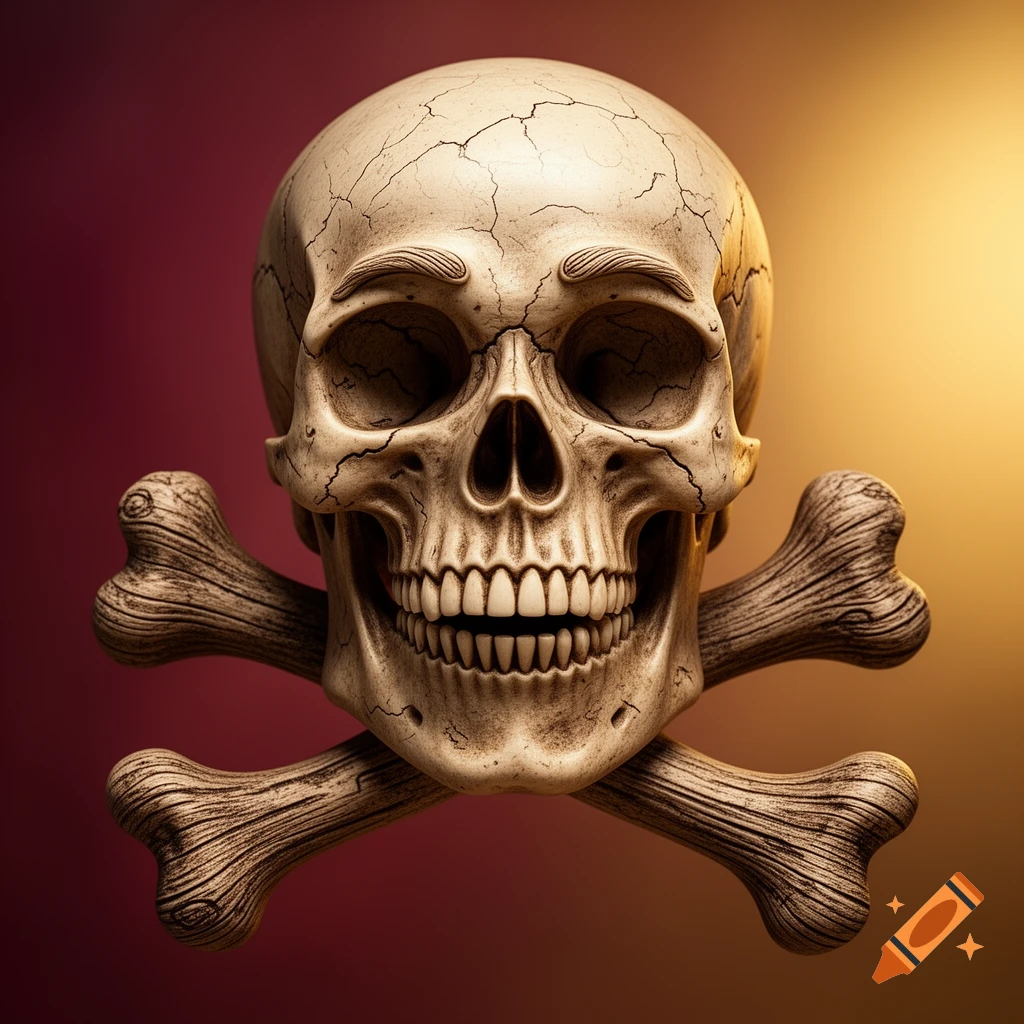 A grinning, cracked skull with crossed bones against a vibrant red and gold gradient background.