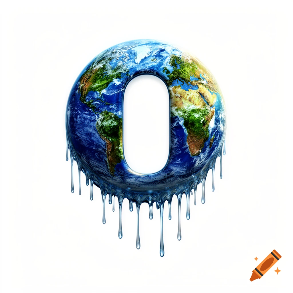 A conceptual image of the Earth shaped like a melting letter 'O', with water dripping from it on a white background.